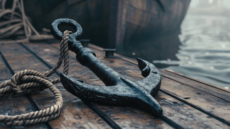 Heavy iron anchor resting on a dock, with ropes coiled nearby.の素材
