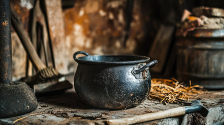 Antique iron cauldron resting in a rustic setting with worn-out tools nearby.の素材