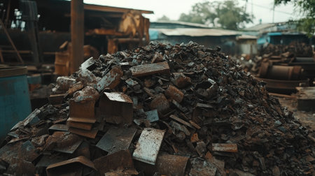 A pile of recycled iron scraps in a scrapyard ready for processing.の素材