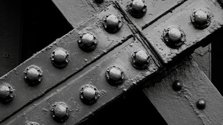 Close-up of industrial iron rivets used in the construction of a bridge.の素材