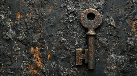 Close-up of an antique iron key on a textured surface, highlighting its age.の素材