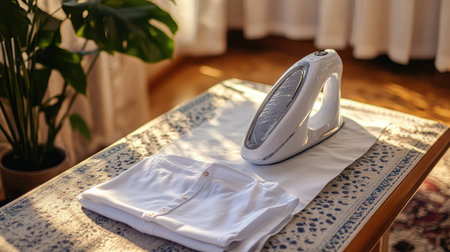 A steam iron placed on an ironing board with a folded shirt beside it.の素材