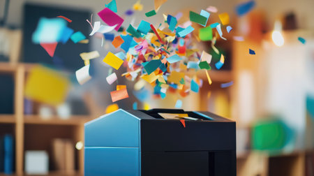 An office shredder with colorful paper scraps floating around it in an artistic arrangement.の素材
