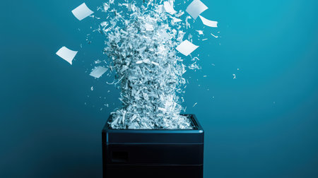 Compact shredder ejecting finely shredded paper as whole documents fly upward.の素材