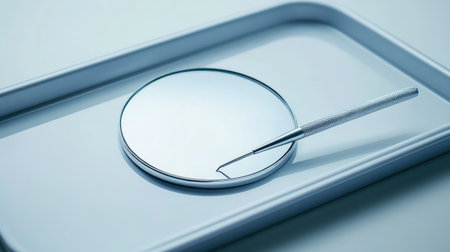 Close-up of a sterilized dental mirror and probe placed on a white tray, with no people in view.の素材