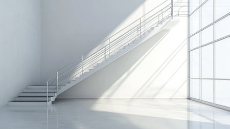 A modern iron staircase in a minimalist interior, illuminated by natural light.の素材