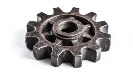 Detailed shot of a cast iron gear from a vintage mechanical machine.の素材