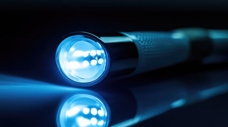 Detailed focus on a dental curing light placed on a reflective surface.の素材