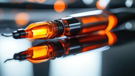Detailed focus on a dental curing light placed on a reflective surface.の素材