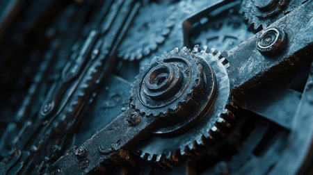 Detailed shot of a cast iron gear from a vintage mechanical machine.の素材