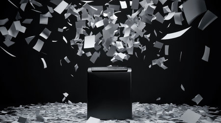 A dynamic spiral of flying papers around a compact, glossy black shredder.の素材