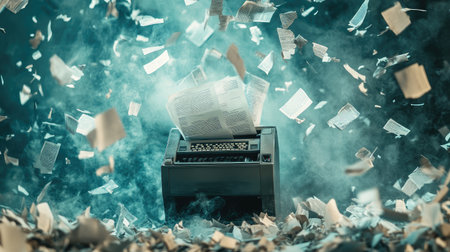 A vintage shredder surrounded by a storm of shredded and intact flying papers.の素材