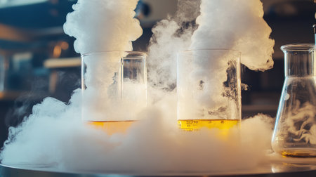 Beakers with smoking dry ice, showcasing dramatic chemical experiments.の素材