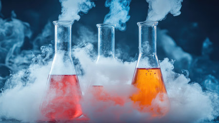 Beakers with smoking dry ice, showcasing dramatic chemical experiments.の素材