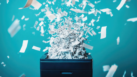 Shredded paper confetti flies out of a high-speed shredder, with whole documents fluttering nearby.の素材