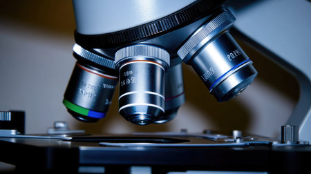 A close-up of a microscope lens focused on a sample slide in a sterile lab environment.の素材