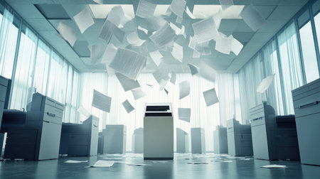 Modern shredder surrounded by flying papers mid-air, creating a dramatic scene in a minimalist office.の素材