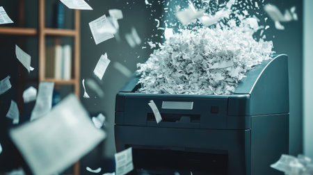 Compact office shredder ejecting shredded paper streams with whole pages floating nearby.の素材