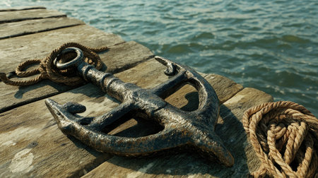 Heavy iron anchor resting on a dock, with ropes coiled nearby.の素材