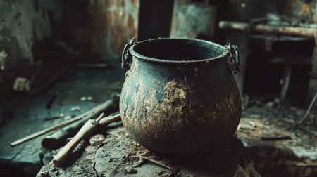 Antique iron cauldron resting in a rustic setting with worn-out tools nearby.の素材