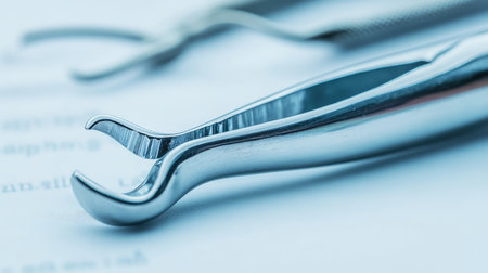 Dental extraction forceps resting on a white paper background with focus on metal finish.の素材