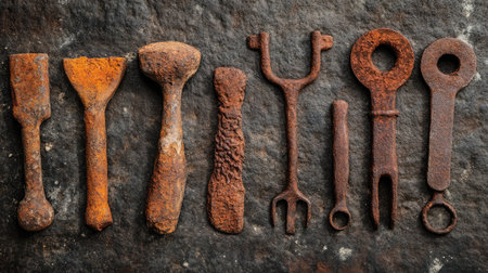 A collection of rusted iron tools found in an archaeological excavation.の素材