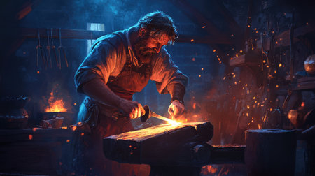 A blacksmith forging a piece of iron on a glowing anvil in a dimly lit workshop.の素材