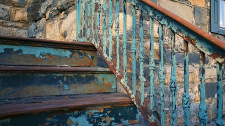 Old iron railings with peeling paint set against a historic stone wall.の素材