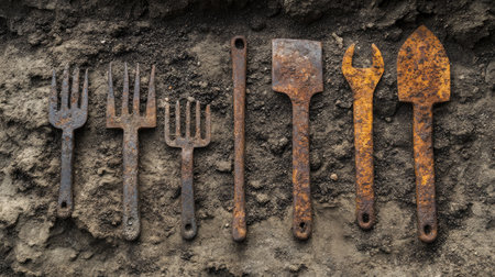 A collection of rusted iron tools found in an archaeological excavation.の素材