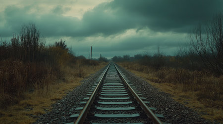 Iron railway tracks extending into the distance under a cloudy sky.の素材