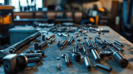 Iron bolts and screws neatly arranged on a mechanical workbench.の素材