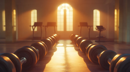 Shiny iron dumbbells arranged neatly in a gym under bright lighting.の素材