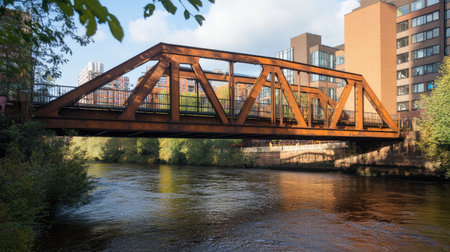 A modern iron bridge spanning across a river, highlighting its architectural design.の素材