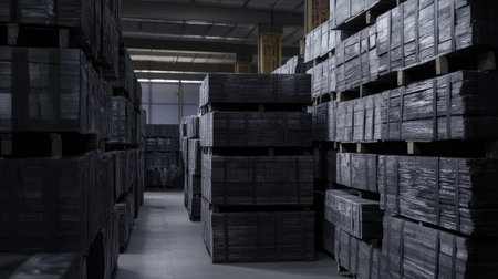 Iron sheets stacked in a factory warehouse ready for shipment.の素材