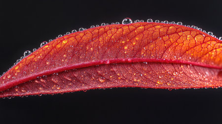 Close-up of a vibrant red leaf with water beads glistening under natural light.の素材