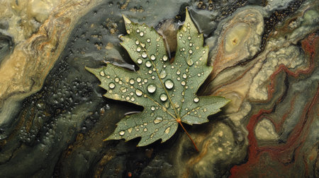 A leaf with water droplets refracting the surrounding natural scenery.の素材