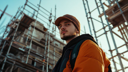 Iron scaffolding set up at a construction site under bright daylight.の素材