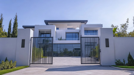Modern iron gates in a luxury home, showcasing sleek and minimalist design.の素材