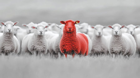 A red sheep graphic standing confidently among a group of white sheep in a field. Represents individuality and diversity.の素材
