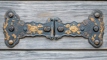 Iron gate hinges with intricate designs set against a weathered wooden door.の素材