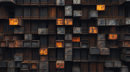 Stacked iron rebar arranged systematically at a construction material depot.の素材