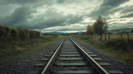 Iron railway tracks extending into the distance under a cloudy sky.の素材