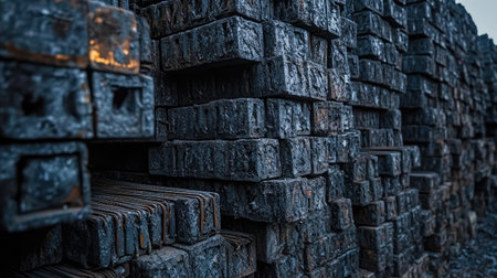 Stacked iron rebar arranged systematically at a construction material depot.の素材