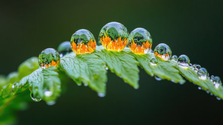 A vibrant green fern leaf holding water drops, creating a fresh, natural look.の素材