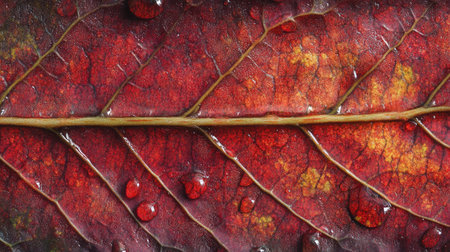 Macro view of water droplets aligned along the edges of a red leaf.の素材