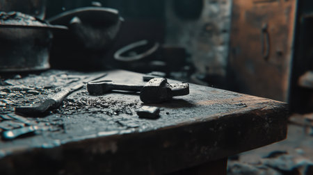 Rusted iron tools left on an old workbench in a traditional workshop.の素材