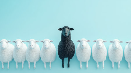 A minimalist design of a black sheep standing apart from a symmetrical group of white sheep, emphasizing individuality.の素材