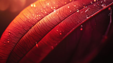Close-up of a vibrant red leaf with water beads glistening under natural light.の素材