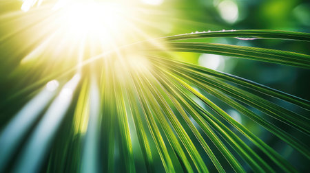 Close-up of a single water droplet on a palm leaf with sunlight filtering through.の素材