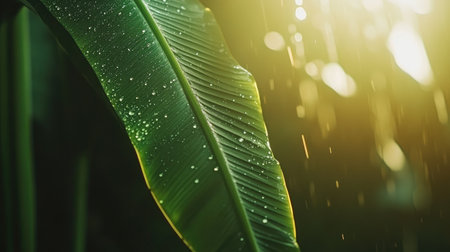 Fresh rain drops glistening on a vibrant green banana leaf.の素材